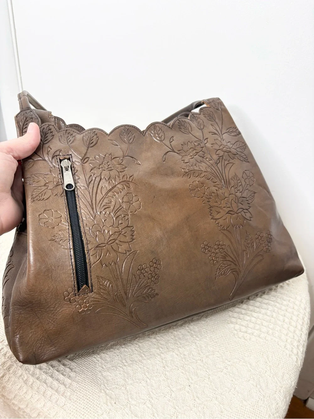 Leaders in Leather Brown Floral Embossed Hobo Shoulder Bag